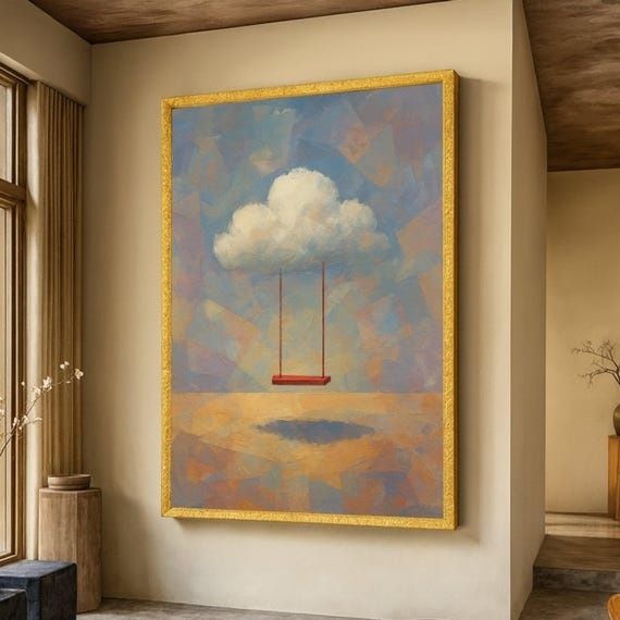Tableau onirique montrant une balançoire suspendue sous un nuage